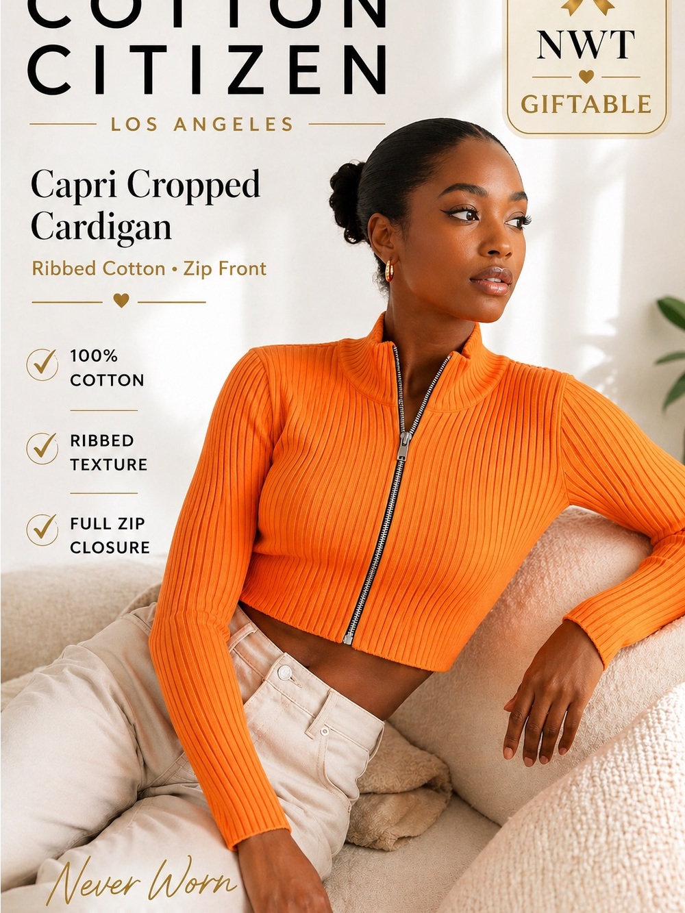 Cotton Citizen Capri Cropped Cardigan NWT Ribbed Zip Front Luxury Giftable Top